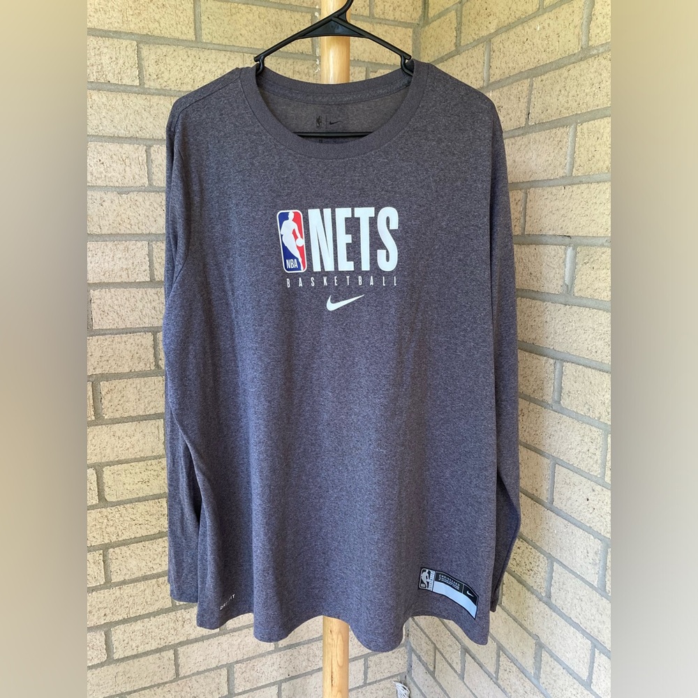 NBA Nets NY Basketball Heather Grey Long Sleeve Performance Nike Dry Anti Odor